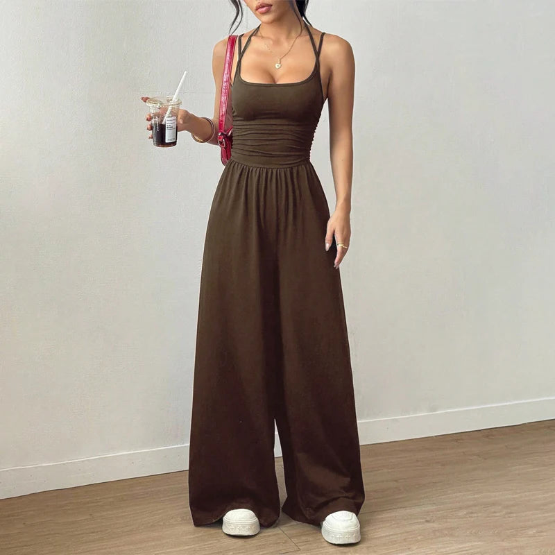 ☀️Női jumpsuit – vállpántos, hangsúlyos derékvonalú és széles nadrágszárú