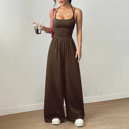 ☀️Női jumpsuit – vállpántos, hangsúlyos derékvonalú és széles nadrágszárú