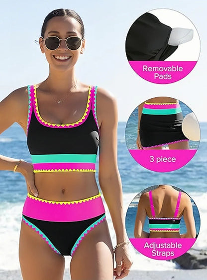 🔥🎁Újdonság: 50% KEDVEZMÉNY🔥🌼 Háromrészes, színes blokkos nylon sportbikini – magas derékvonal, amely karcsúsító hatást kölcsönöz a hasnak 👙