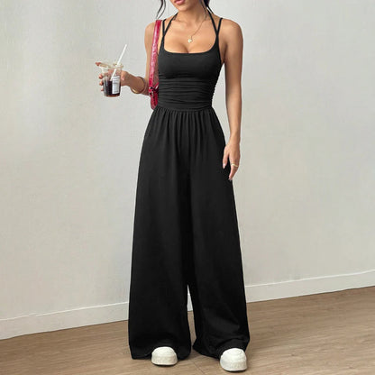 ☀️Női jumpsuit – vállpántos, hangsúlyos derékvonalú és széles nadrágszárú