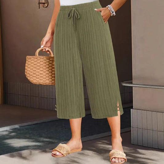 👖✨ Ribb-kötésű capri nadrág – széles szár, zsebek és állítható húzózsinór