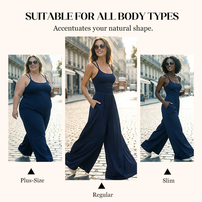 ☀️Női jumpsuit – vállpántos, hangsúlyos derékvonalú és széles nadrágszárú