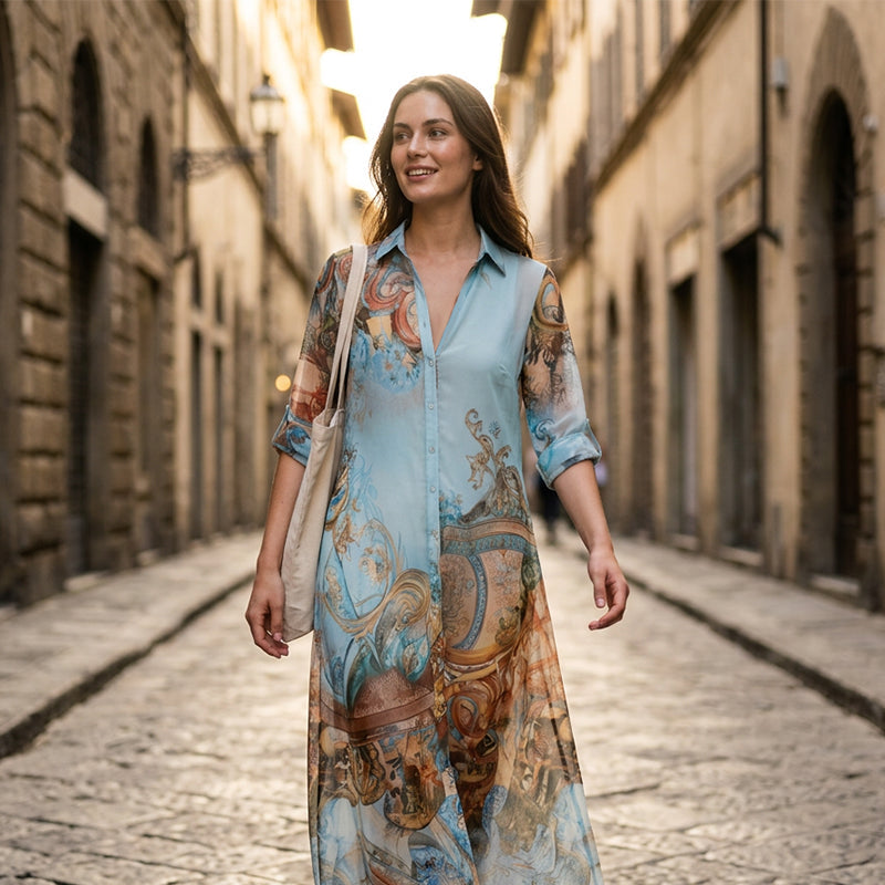 🥰 Elegáns, nőies hosszú ruhát keresel különleges alkalmakra? 👗 Elegáns, retro mintás női maxi ruha