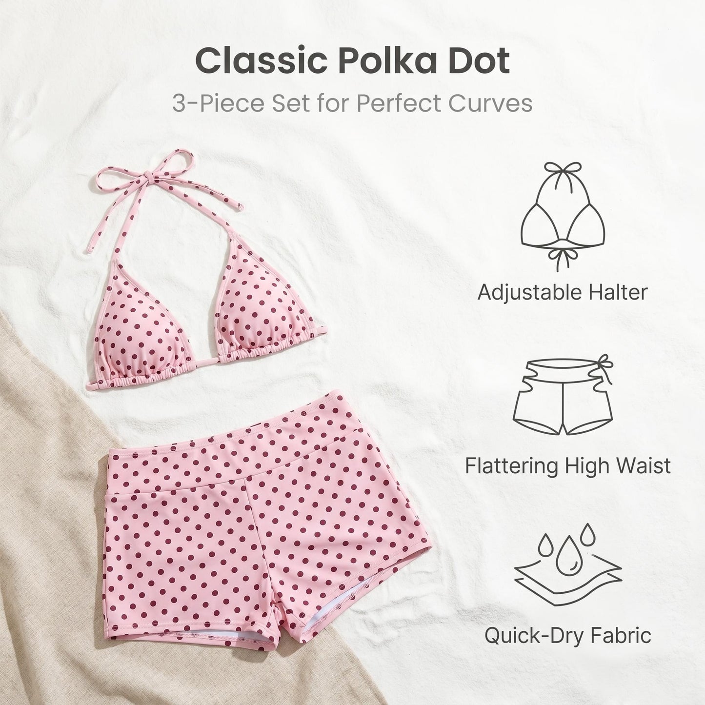 ✨Keresel stílusos nyári fürdőruhát a strandra? 🌊 Pöttyös, oldalt megkötős háromszög alakú bikini alsó – 3 részes szett