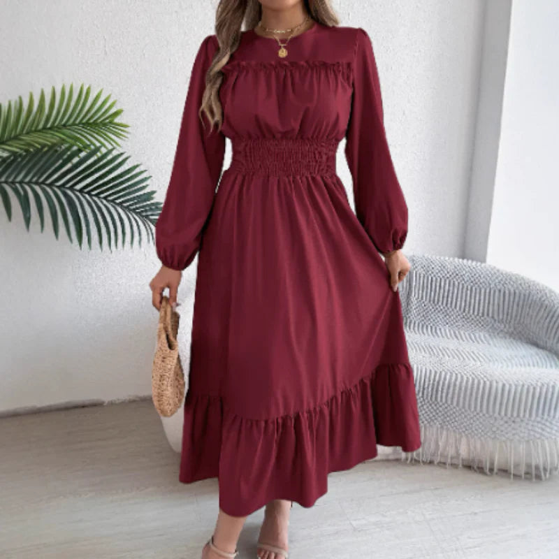 👗✨ Női, hosszú ujjú, smockolt, fodros maxi ruha – elegancia és kényelem egyben