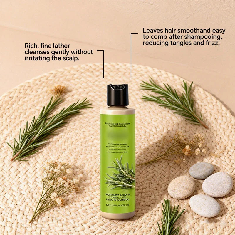 🔥1+1 ingyenes✨ Keratinnal gazdag sampon🌿 Rozmaring & biotin sampon – Mély táplálás sérült hajhoz és száraz fejbőrre!