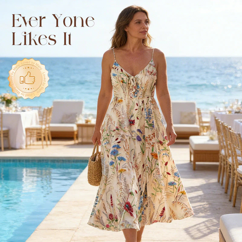 👗✨ Nagyméretű, virágmintás, spagetti pántos midi ruha – könnyed nyári elegancia