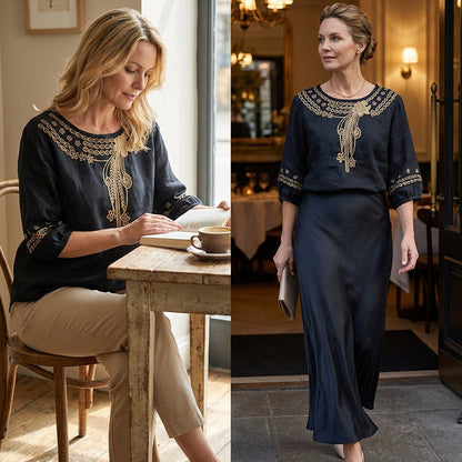 ✨Unod az egyszerű felsőket és keresel nőies ruhadarabot? 👚 Női, hímzett pamut-len keverékből készült blúz