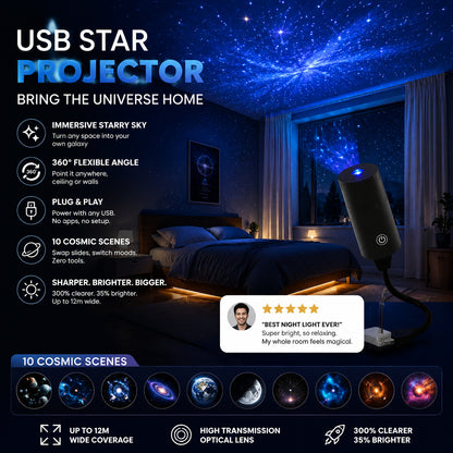 🌃 Nem kell kábelekkel és bonyolult beállításokkal bajlódnod az esti csillagokhoz! Plug-and-Play HD csillagvetítő