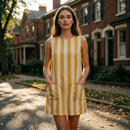 ☀️Női ujjatlan csíkos ruha, kerek nyakkal és praktikus zsebekkel