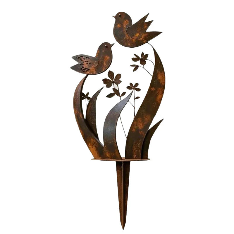 🐦Rusztikus madár- és virágmotívumú fém kerti dísz
