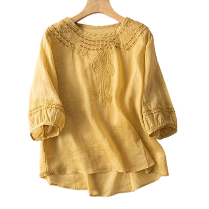 ✨Unod az egyszerű felsőket és keresel nőies ruhadarabot? 👚 Női, hímzett pamut-len keverékből készült blúz