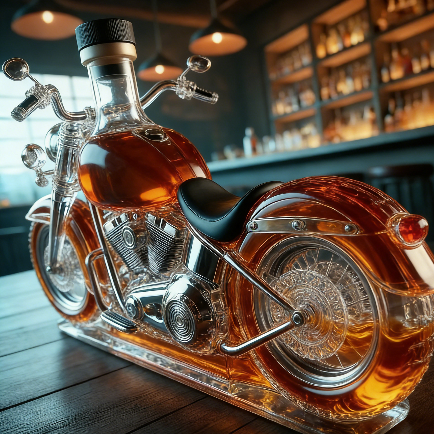 🏍️ Motorkerékpár formájú whiskysüveg – egyedi dísztárgy és italoskészlet egyben!