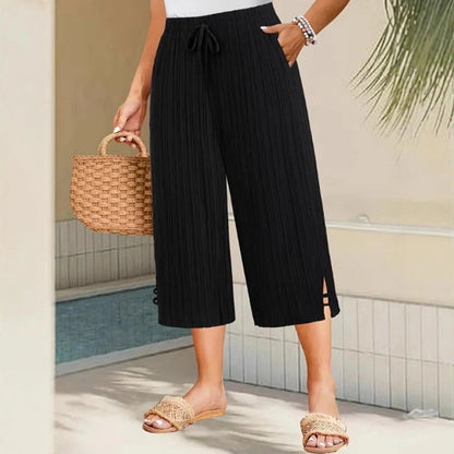 👖✨ Ribb-kötésű capri nadrág – széles szár, zsebek és állítható húzózsinór