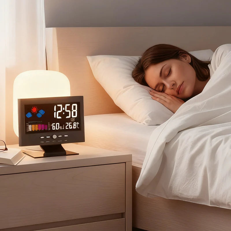 🔥Digitális LED hőmérséklet- és páratartalom-kijelző, időjárás-előrejelzéssel ellátott LED asztali ébresztőóra