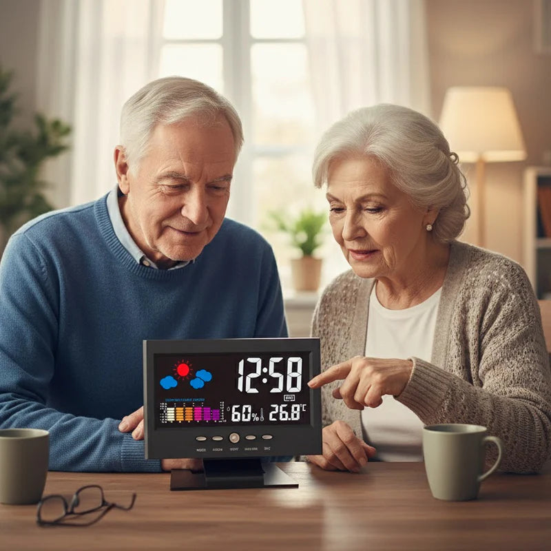 🔥Digitális LED hőmérséklet- és páratartalom-kijelző, időjárás-előrejelzéssel ellátott LED asztali ébresztőóra