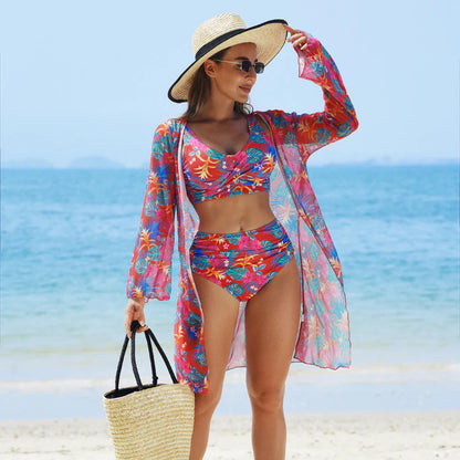 🌼👙 Női divatos, szexi, nyomtatott fürdőruha 3 darabos szett