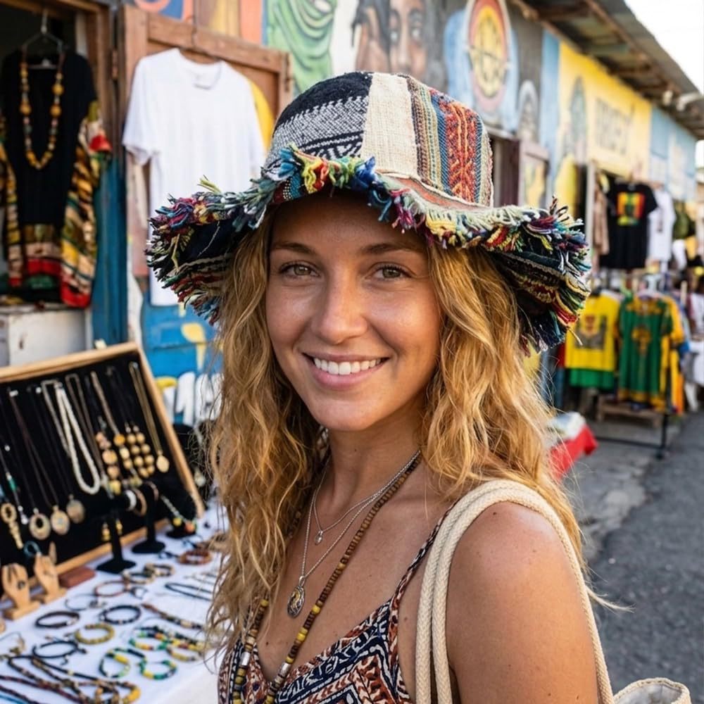Kézzel készített, szálakkal díszített patchwork vödörkalap