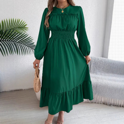 👗✨ Női, hosszú ujjú, smockolt, fodros maxi ruha – elegancia és kényelem egyben