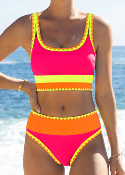 🔥🎁Újdonság: 50% KEDVEZMÉNY🔥🌼 Háromrészes, színes blokkos nylon sportbikini – magas derékvonal, amely karcsúsító hatást kölcsönöz a hasnak 👙