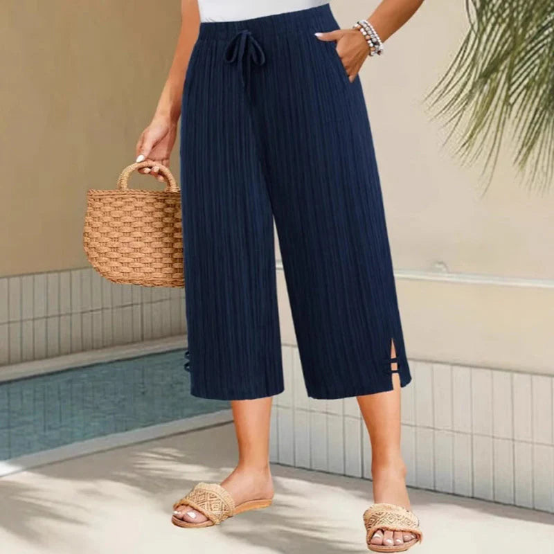 👖✨ Ribb-kötésű capri nadrág – széles szár, zsebek és állítható húzózsinór