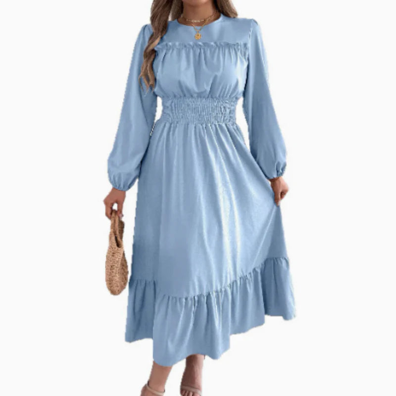 👗✨ Női, hosszú ujjú, smockolt, fodros maxi ruha – elegancia és kényelem egyben