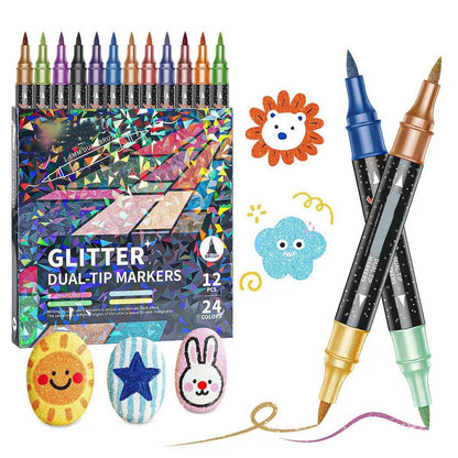 Kreatív rajzoláshoz és díszítéshez tökéletes választás!🎨 🎁🎨 24 Színű Kétvégű Csillámos Filctoll Készlet ✨🖊️