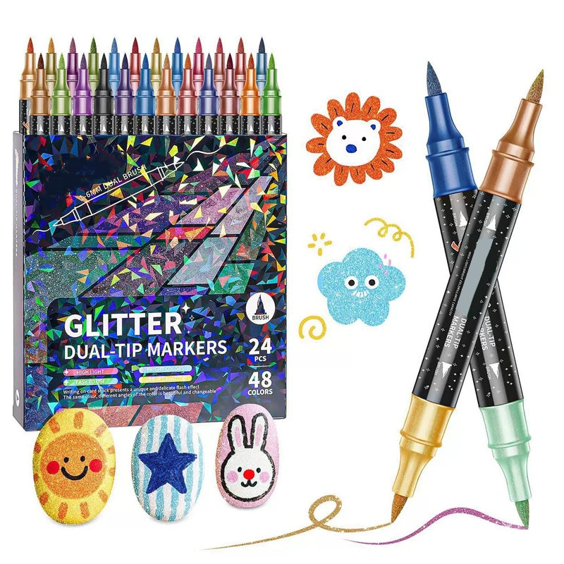 Kreatív rajzoláshoz és díszítéshez tökéletes választás!🎨 🎁🎨 24 Színű Kétvégű Csillámos Filctoll Készlet ✨🖊️