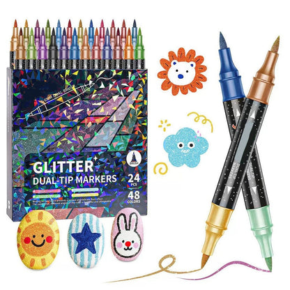 Kreatív rajzoláshoz és díszítéshez tökéletes választás!🎨 🎁🎨 24 Színű Kétvégű Csillámos Filctoll Készlet ✨🖊️