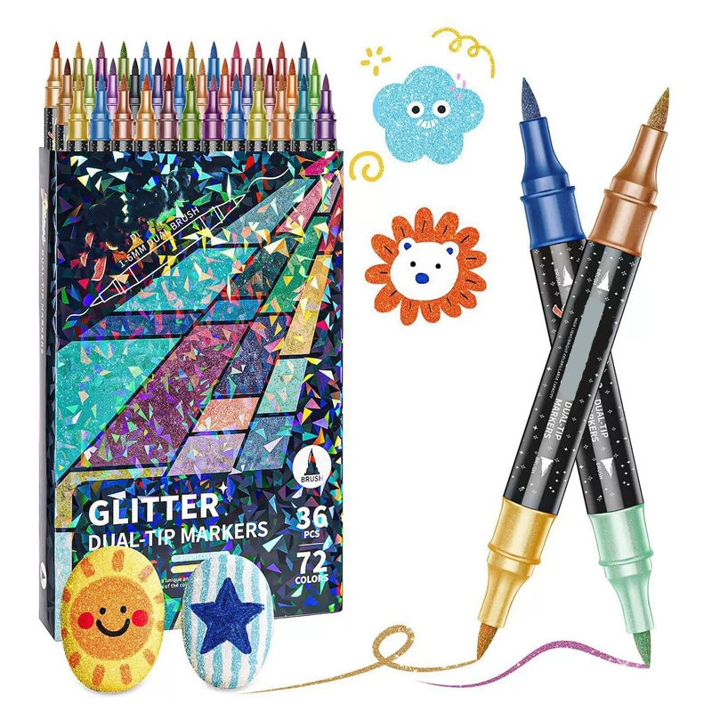 Kreatív rajzoláshoz és díszítéshez tökéletes választás!🎨 🎁🎨 24 Színű Kétvégű Csillámos Filctoll Készlet ✨🖊️