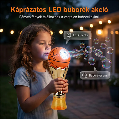 🎵 Motoros buborékfúvó – Sporttrófea formájú, villogó LED-ekkel, folyadékkal együtt – Utánvéttel 🎯