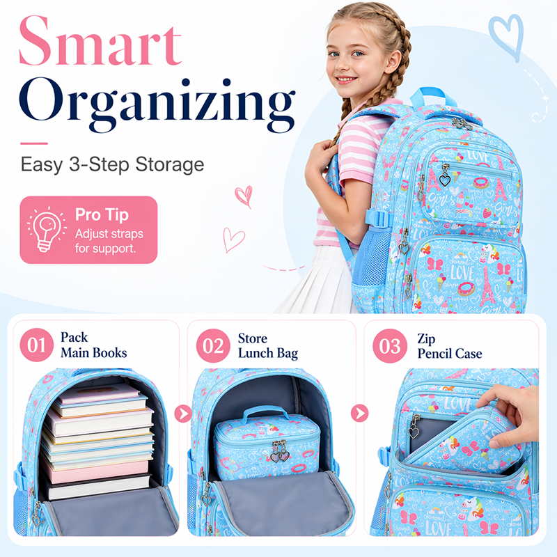 🎒✨Aranyos, sok zsebű iskolatáska kislányoknak🦄