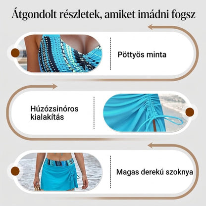 🏖️👙 Női háromrészes fürdőruha mintával – V-nyakú, húzózsinóros, keresztbe varrt hátrész 🌺💕
